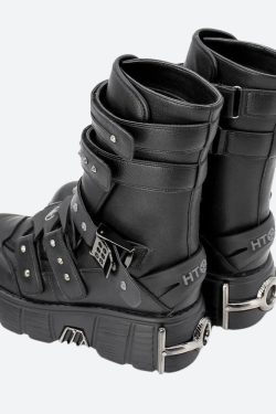Y2K Grunge Chunky Platform Boots with Velcro Straps - Retro 90s Style