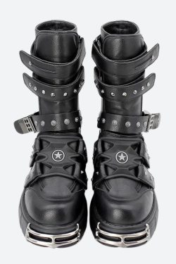 Y2K Grunge Chunky Platform Boots with Velcro Straps - Retro 90s Style