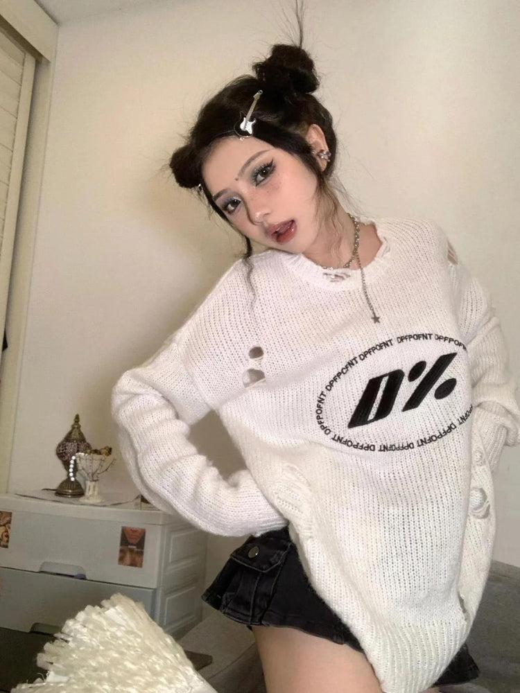 Y2K Grunge Distressed Knitted Sweater - Retro 90s Fashion Y2K Outfits