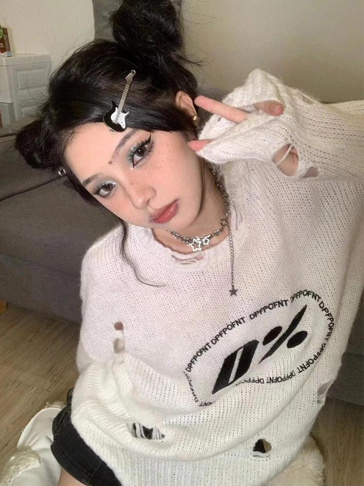 Y2K Grunge Distressed Knitted Sweater - Retro 90s Fashion Y2K Outfits