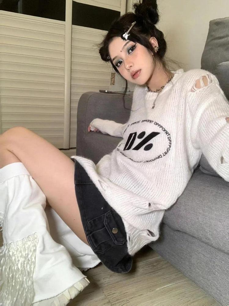 Y2K Grunge Distressed Knitted Sweater - Retro 90s Fashion Y2K Outfits