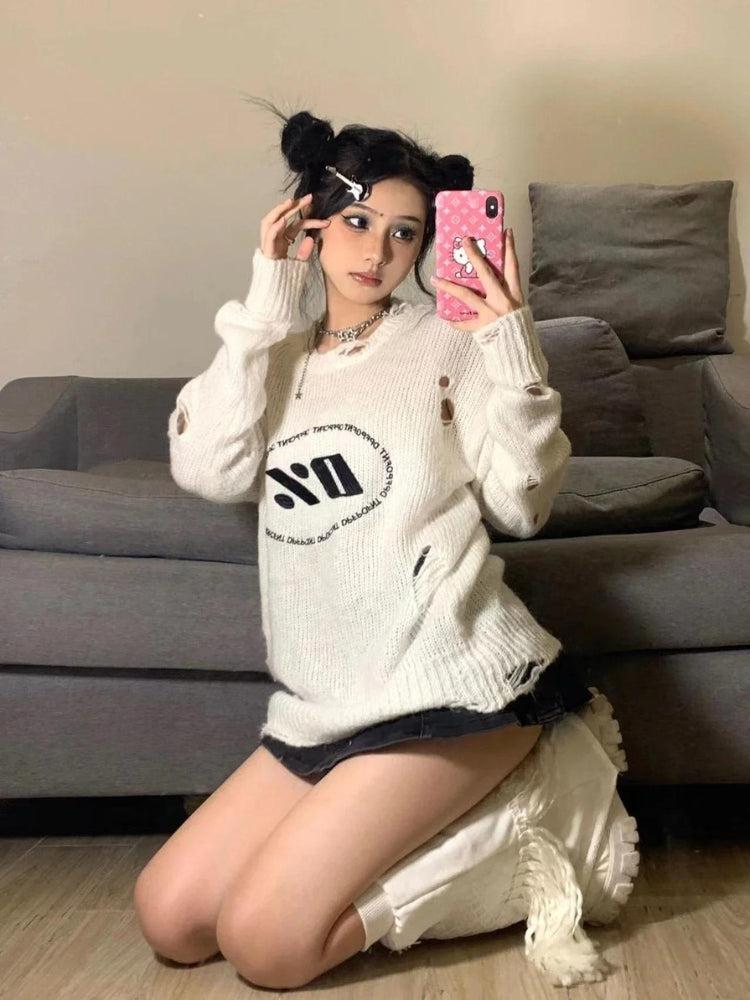 Y2K Grunge Distressed Knitted Sweater - Retro 90s Fashion Y2K Outfits