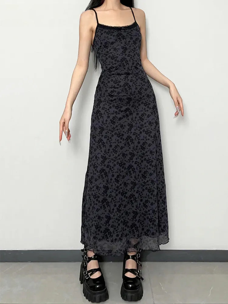 Y2K Grunge Floral Printed Maxi Dress - Retro 90s Summer Outfit