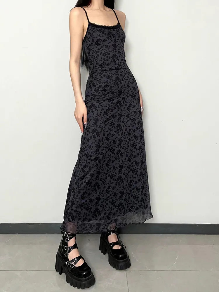 Y2K Grunge Floral Printed Maxi Dress - Retro 90s Summer Outfit
