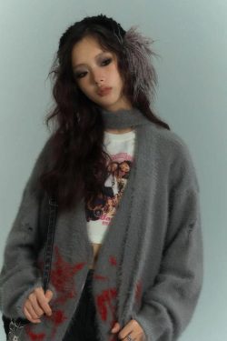 Y2K Grunge Fluffy Cardigan with Scarf Tie - Retro 90s Fashion Statement