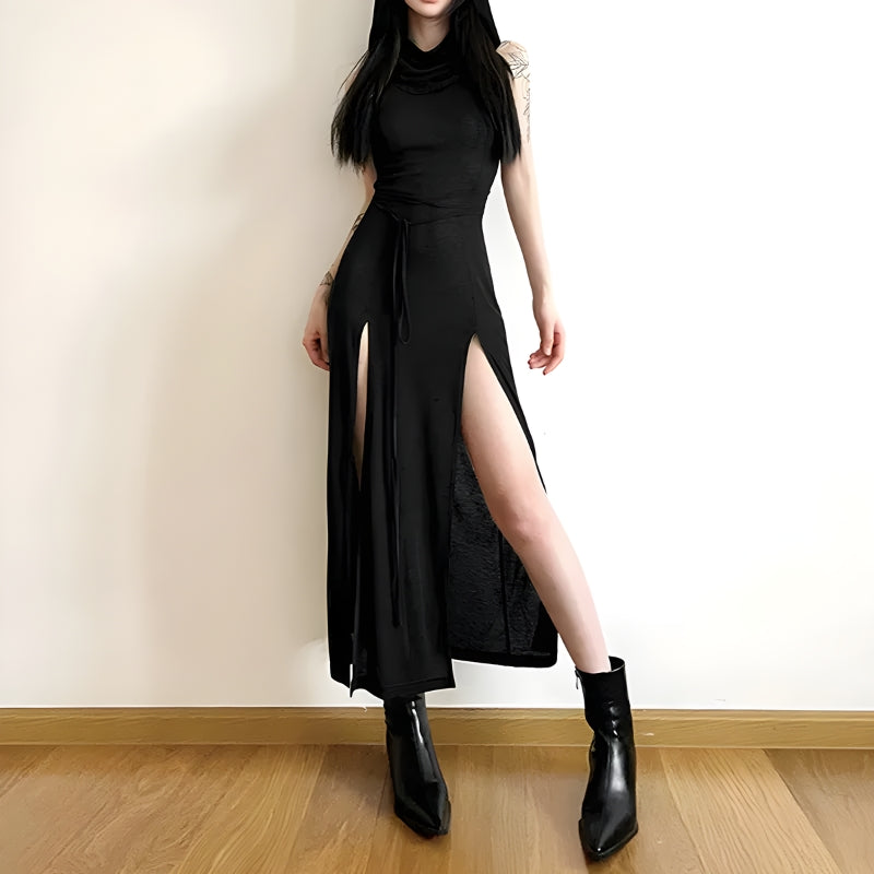 Y2K Grunge Goth Hooded Cut Out Back Midi Dress - Retro Style Douyin Fashion