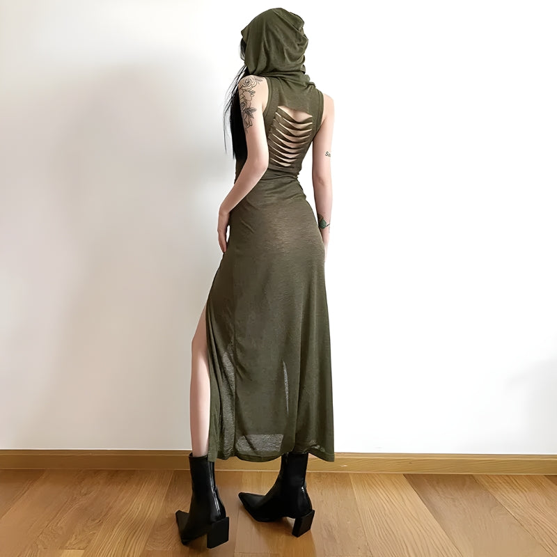 Y2K Grunge Goth Hooded Cut Out Back Midi Dress - Retro Style Douyin Fashion