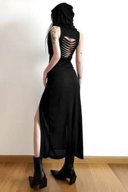 Y2K Grunge Goth Hooded Cut Out Back Midi Dress - Retro Style Douyin Fashion