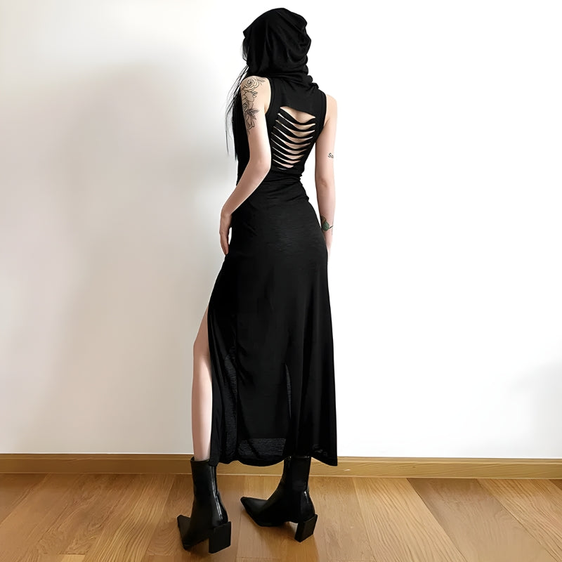 Y2K Grunge Goth Hooded Cut Out Back Midi Dress - Retro Style Douyin Fashion