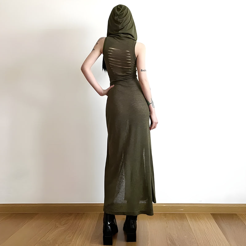 Y2K Grunge Goth Hooded Cut Out Back Midi Dress - Retro Style Douyin Fashion