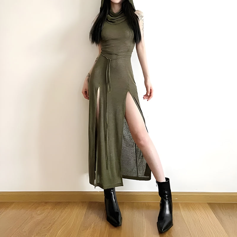 Y2K Grunge Goth Hooded Cut Out Back Midi Dress - Retro Style Douyin Fashion