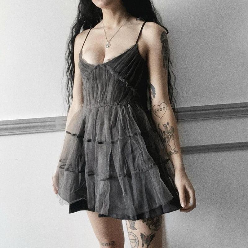 Y2K Grunge Goth Strap Patchwork Mini Dress - Retro 90s Fashion