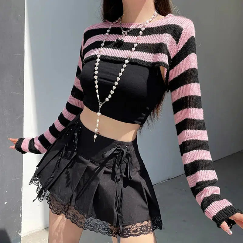 Y2K Grunge Goth Striped Knitted Shrug Sweater - Retro 90s Fashion Statement