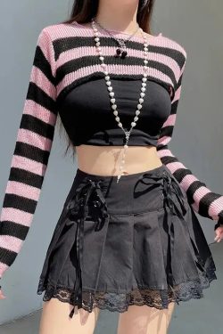 Y2K Grunge Goth Striped Knitted Shrug Sweater - Retro 90s Fashion Statement