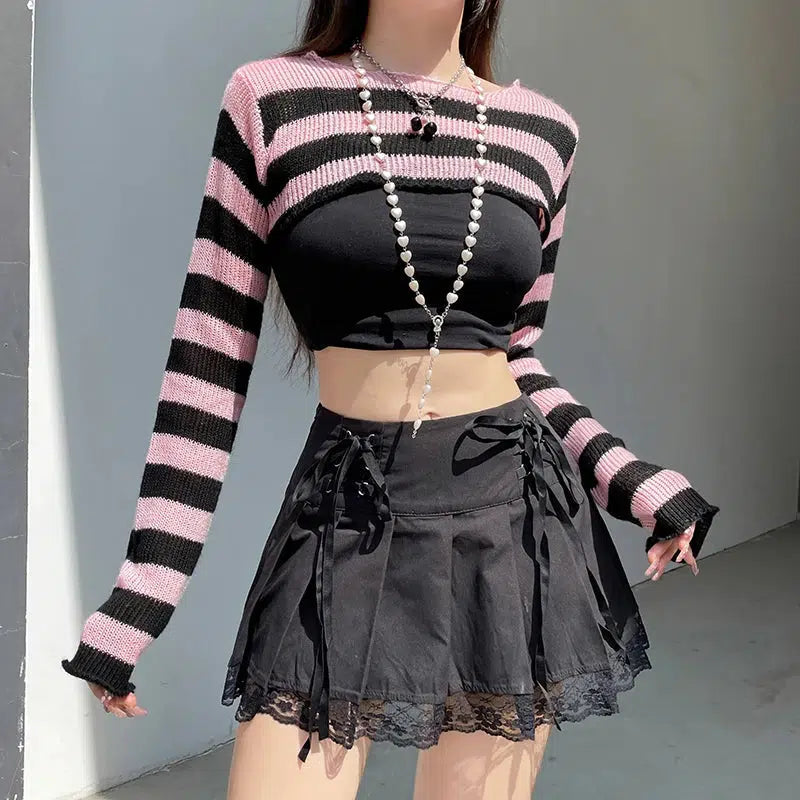 Y2K Grunge Goth Striped Knitted Shrug Sweater - Retro 90s Fashion Statement