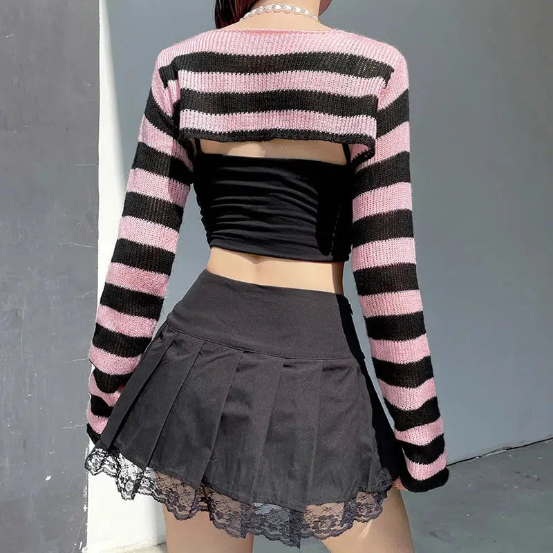 Y2K Grunge Goth Striped Knitted Shrug Sweater - Retro 90s Fashion Statement