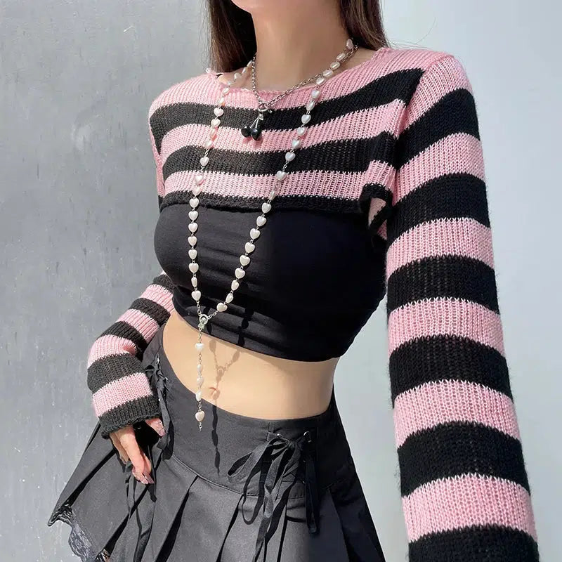 Y2K Grunge Goth Striped Knitted Shrug Sweater - Retro 90s Fashion Statement