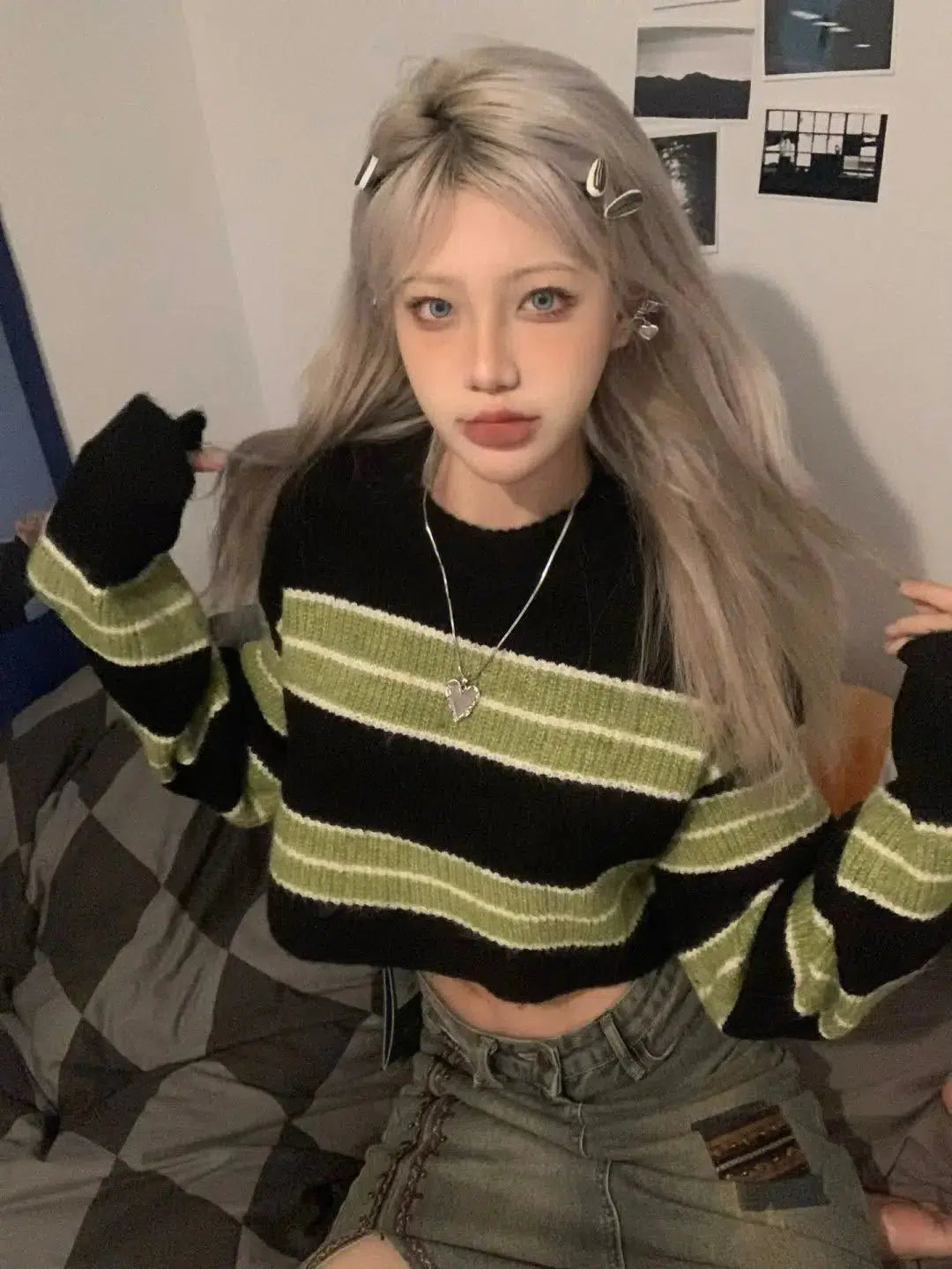 Y2K Grunge Green Striped Crop Sweater - Retro 90s Fashion Statement