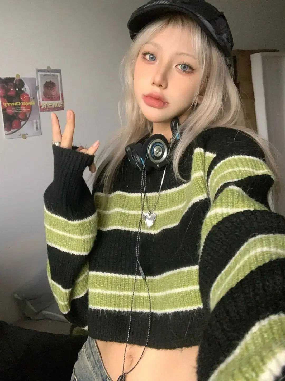 Y2K Grunge Green Striped Crop Sweater - Retro 90s Fashion Statement
