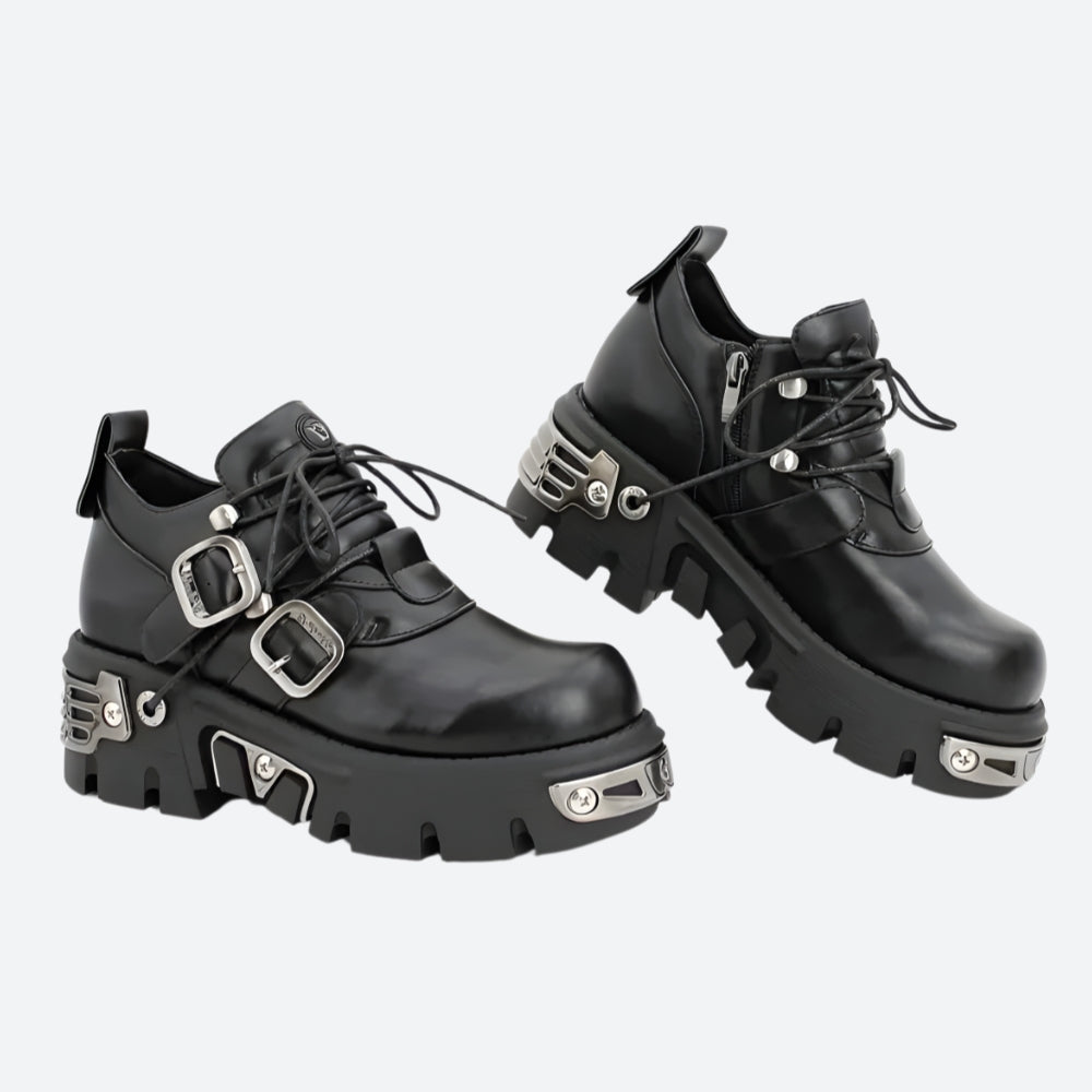 Y2K Grunge Lace Up Platform Boots with Belted Detail - Retro 90s Fashion