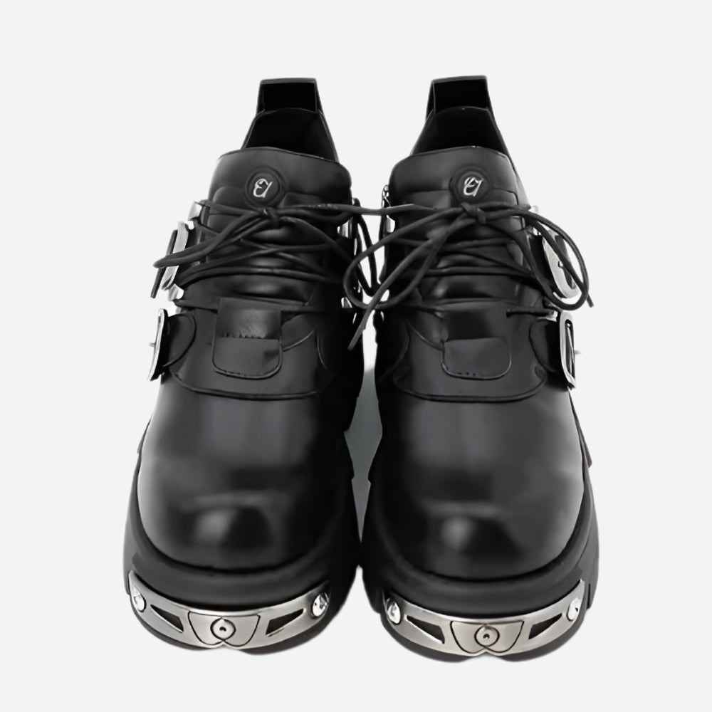 Y2K Grunge Lace Up Platform Boots with Belted Detail - Retro 90s Fashion