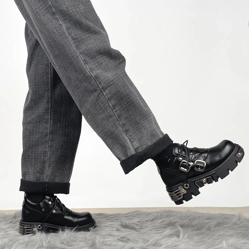 Y2K Grunge Lace Up Platform Boots with Belted Detail - Retro 90s Fashion