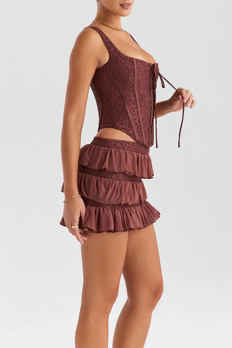 Y2K Lace Corset Top & Mini Skirt Set - Retro Style Y2K Summer Outfit