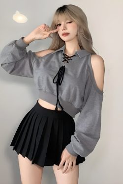 Y2K Lace Up Cut Out Cropped Sweatshirt - Retro 90s Grunge Style