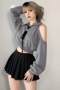 Y2K Lace Up Cut Out Cropped Sweatshirt - Retro 90s Grunge Style