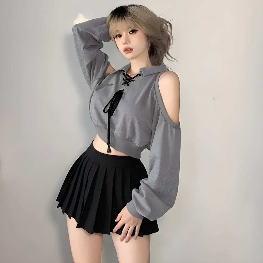 Y2K Lace Up Cut Out Cropped Sweatshirt - Retro 90s Grunge Style