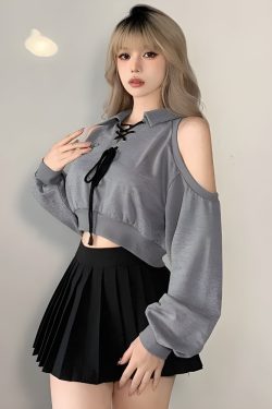 Y2K Lace Up Cut Out Cropped Sweatshirt - Retro 90s Grunge Style