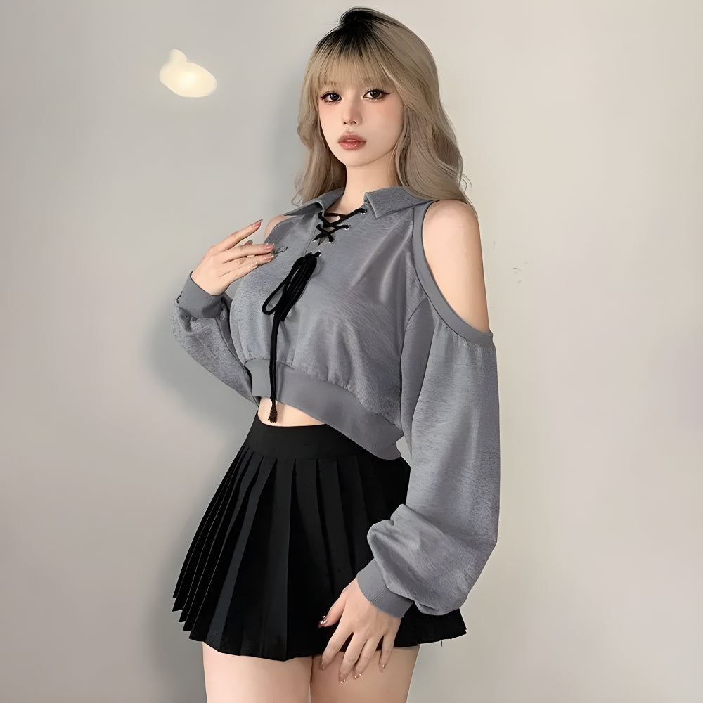 Y2K Lace Up Cut Out Cropped Sweatshirt - Retro 90s Grunge Style