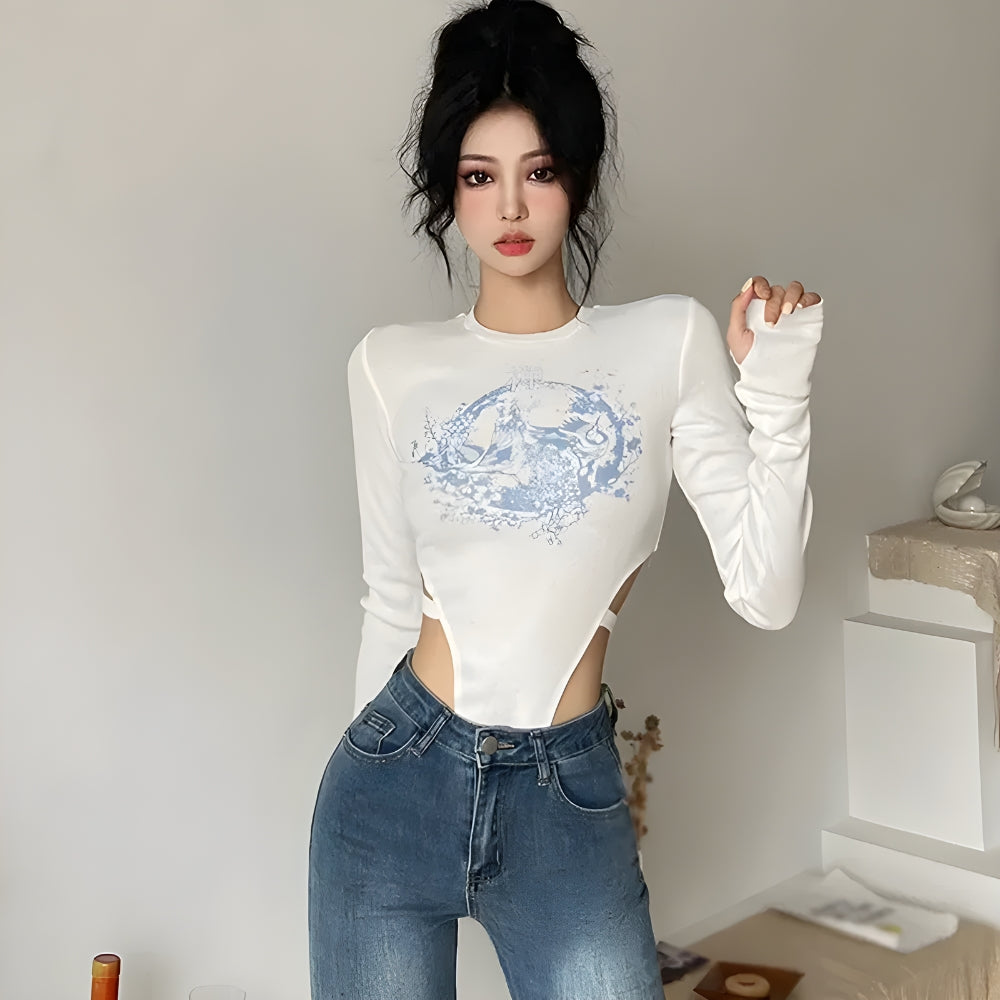 Y2K Mythology Figure Printed Bodysuit - Retro Style Grunge Outfit