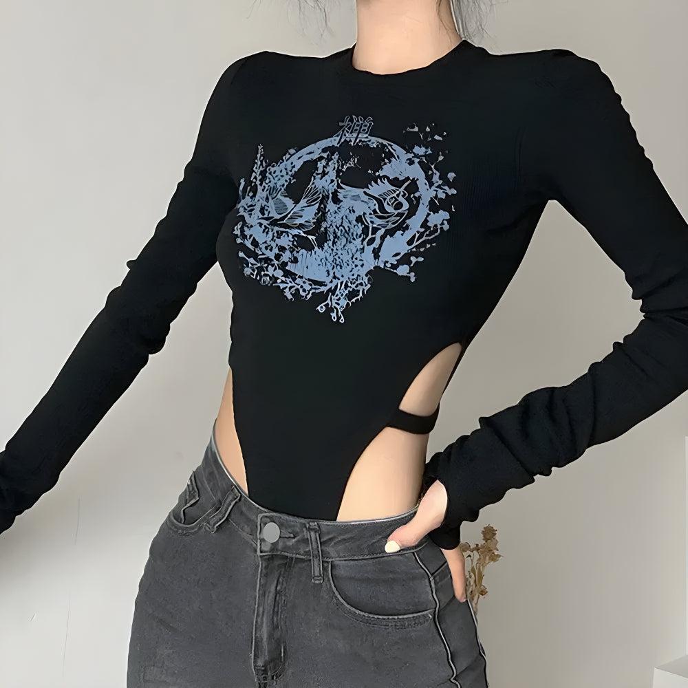 Y2K Mythology Figure Printed Bodysuit - Retro Style Grunge Outfit