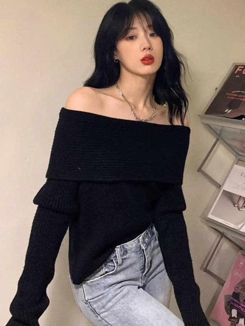 Y2K Off Shoulder Knitted Sweater - Retro Style Grunge Outfit