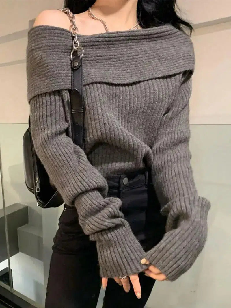 Y2K Off Shoulder Knitted Sweater - Retro Style Grunge Outfit