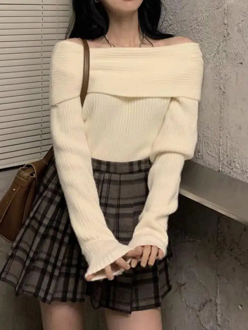 Y2K Off Shoulder Knitted Sweater - Retro Style Grunge Outfit