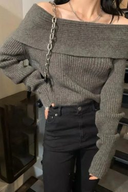 Y2K Off Shoulder Knitted Sweater - Retro Style Grunge Outfit