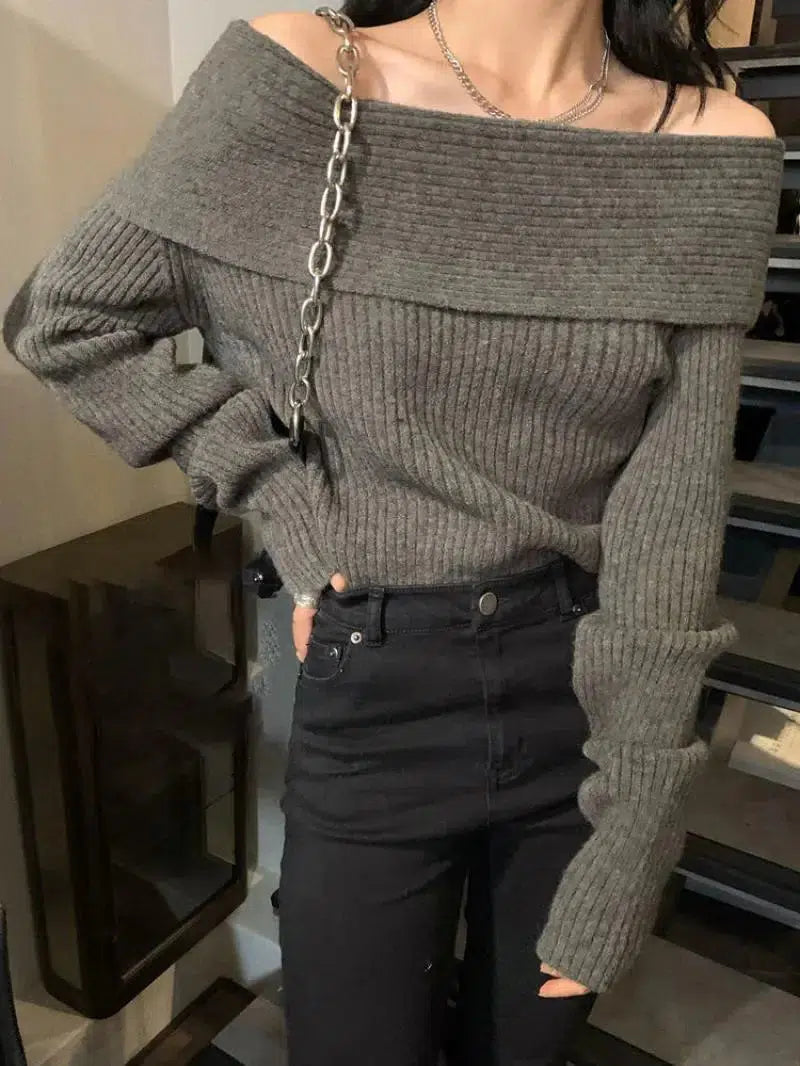 Y2K Off Shoulder Knitted Sweater - Retro Style Grunge Outfit