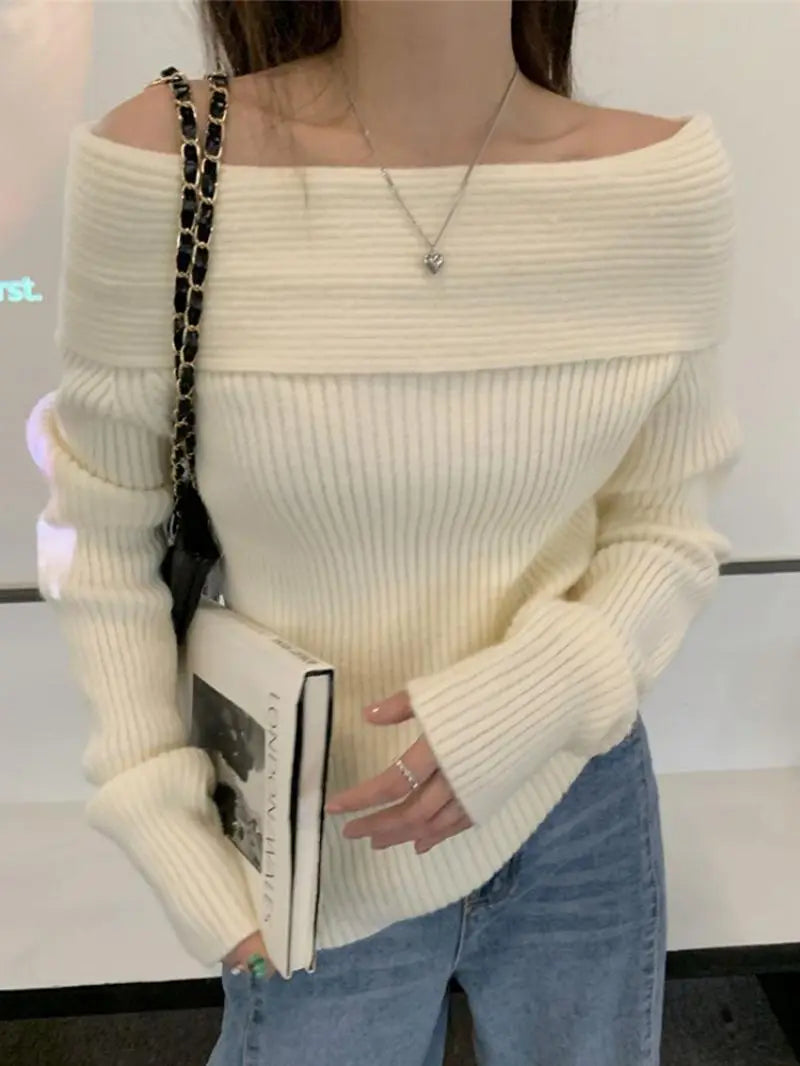 Y2K Off Shoulder Knitted Sweater - Retro Style Grunge Outfit
