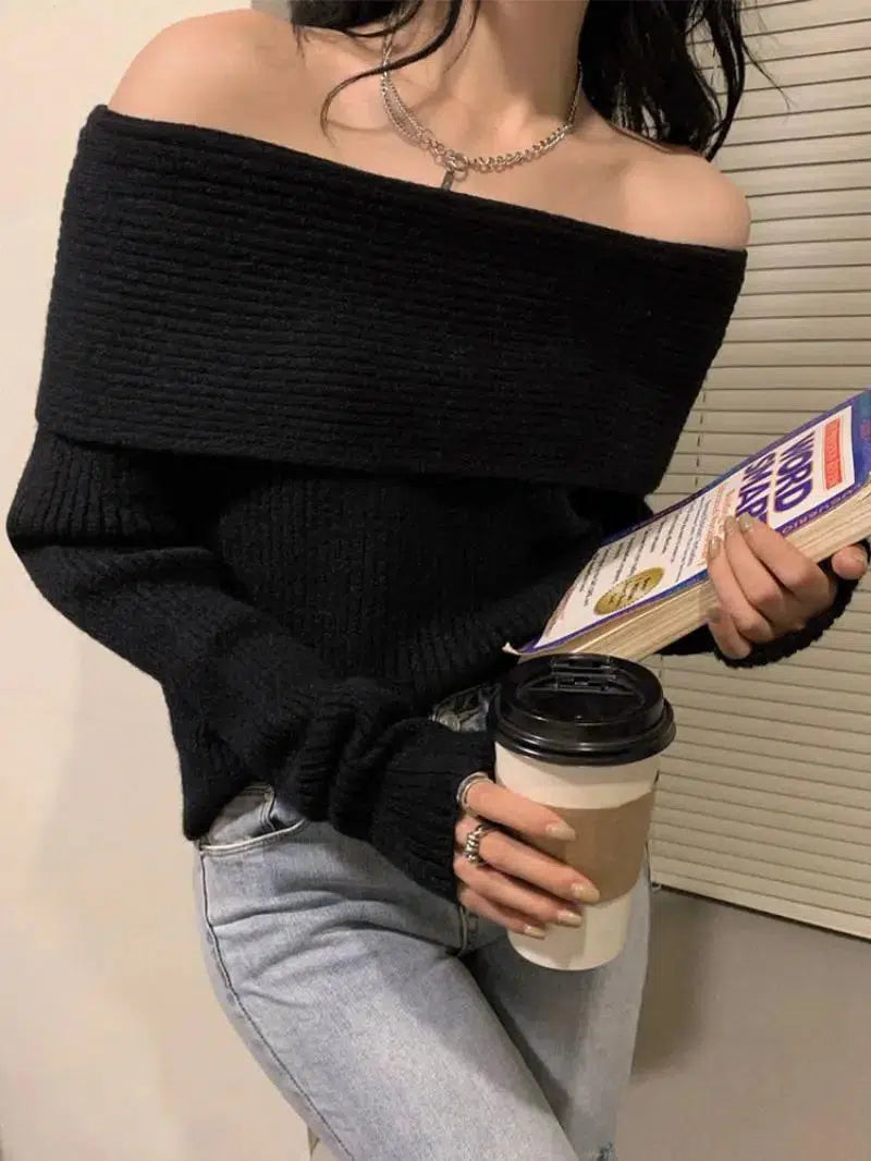 Y2K Off Shoulder Knitted Sweater - Retro Style Grunge Outfit