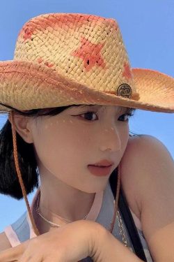 Y2K Retro Cowgirl Adjustable Woven Straw Hat - Perfect for 90s and Grunge Outfits