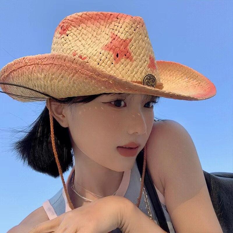 Y2K Retro Cowgirl Adjustable Woven Straw Hat - Perfect for 90s and Grunge Outfits