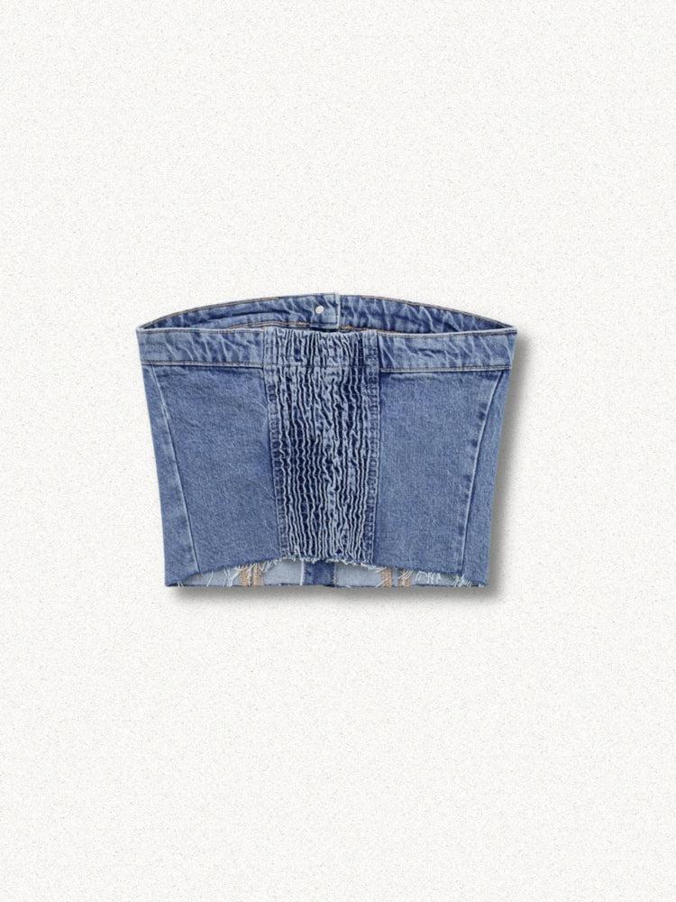 Y2K Retro Cowgirl Button Up Denim Tube Top - Perfect for 90s and Grunge Outfits
