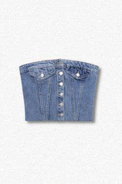 Y2K Retro Cowgirl Button Up Denim Tube Top - Perfect for 90s and Grunge Outfits