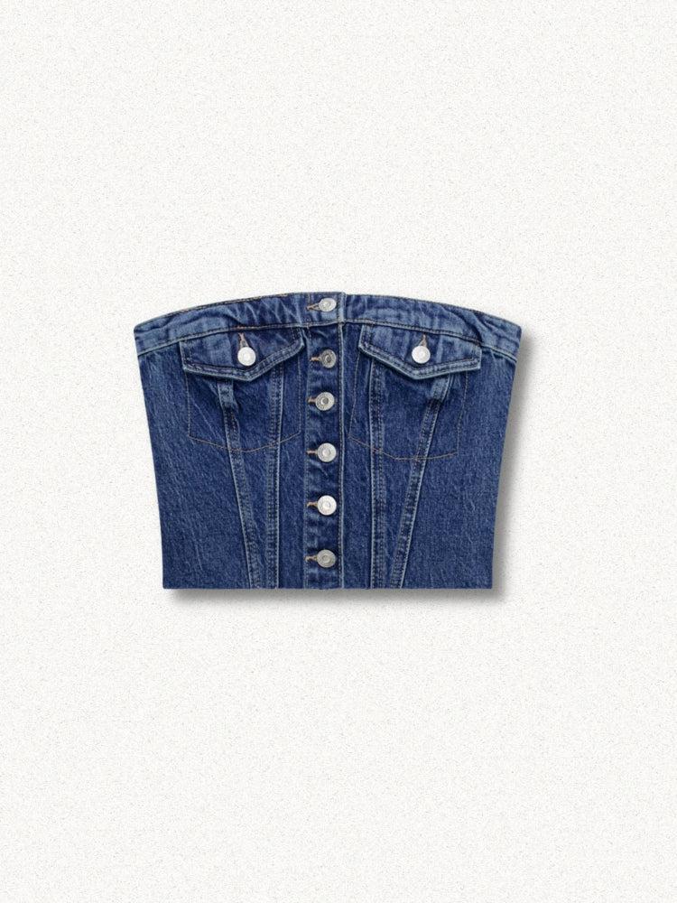 Y2K Retro Cowgirl Button Up Denim Tube Top - Perfect for 90s and Grunge Outfits