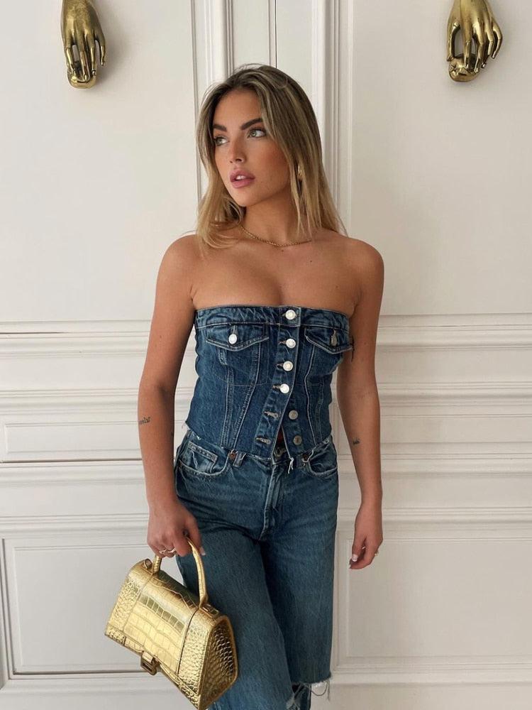 Y2K Retro Cowgirl Button Up Denim Tube Top - Perfect for 90s and Grunge Outfits