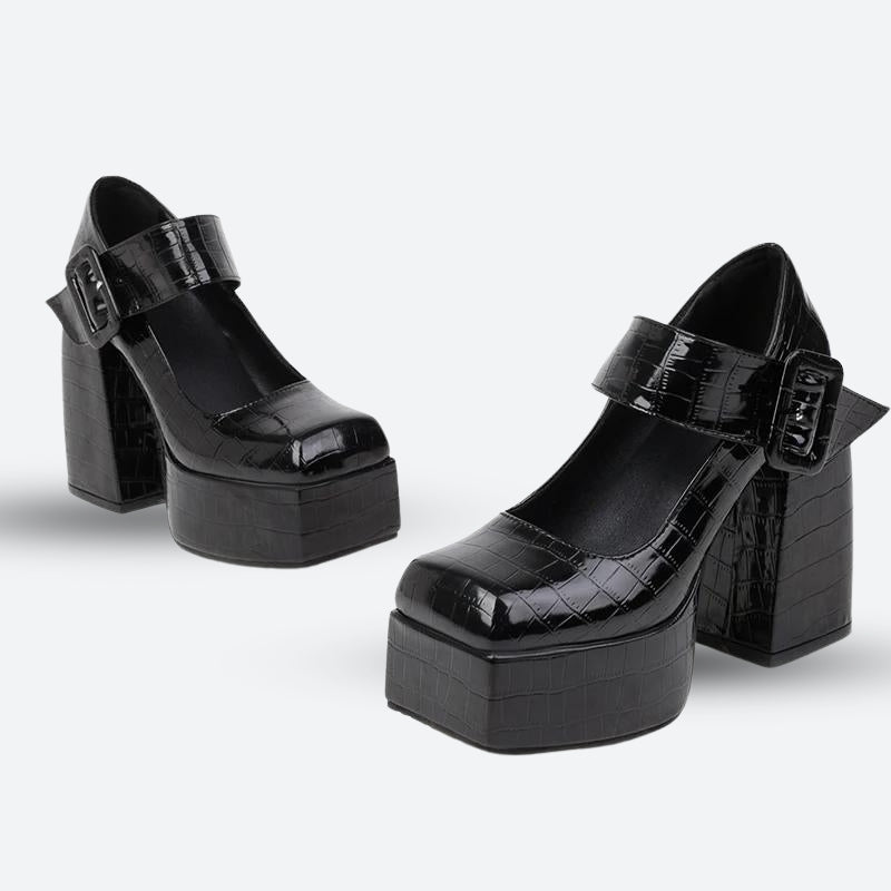 Y2K Retro Crocodile Square Toe Platform High Heels - Perfect for 90s and Grunge Outfits