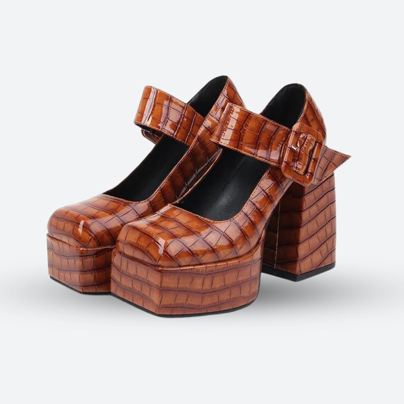 Y2K Retro Crocodile Square Toe Platform High Heels - Perfect for 90s and Grunge Outfits