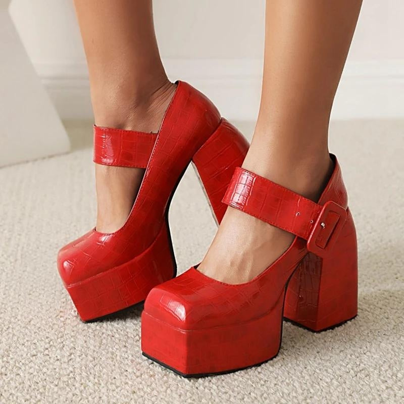 Y2K Retro Crocodile Square Toe Platform High Heels - Perfect for 90s and Grunge Outfits